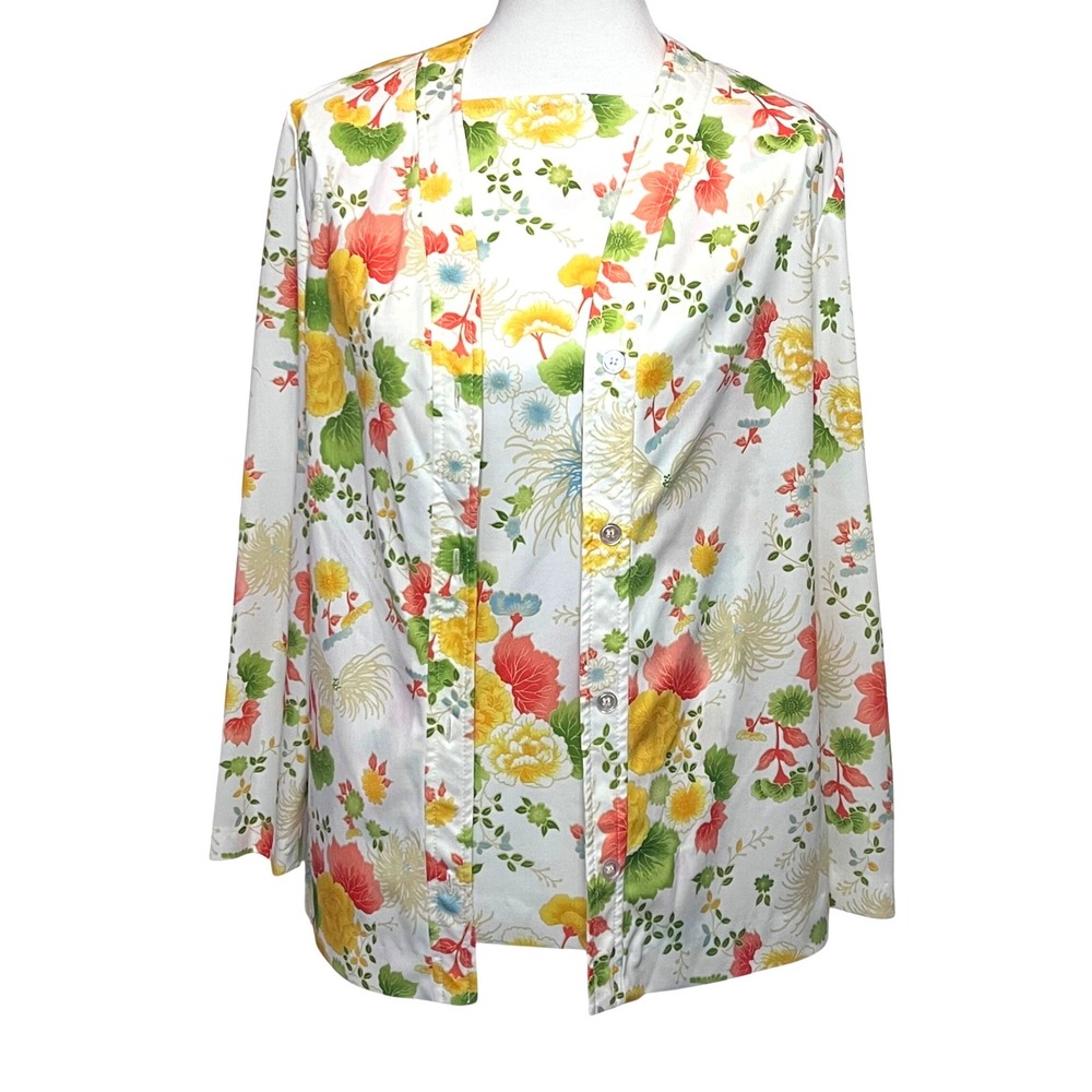 Vintage R&K Knits Floral 2 Piece Set Cardigan Shell White Yellow Orange 60's 70s
